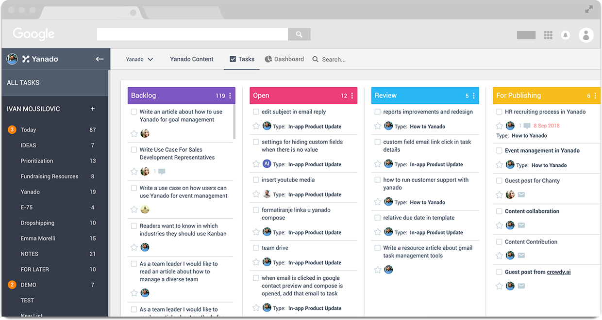 Yanado Kanban board running inside Gmail — columns for Backlog, Open, Review, and For Publishing